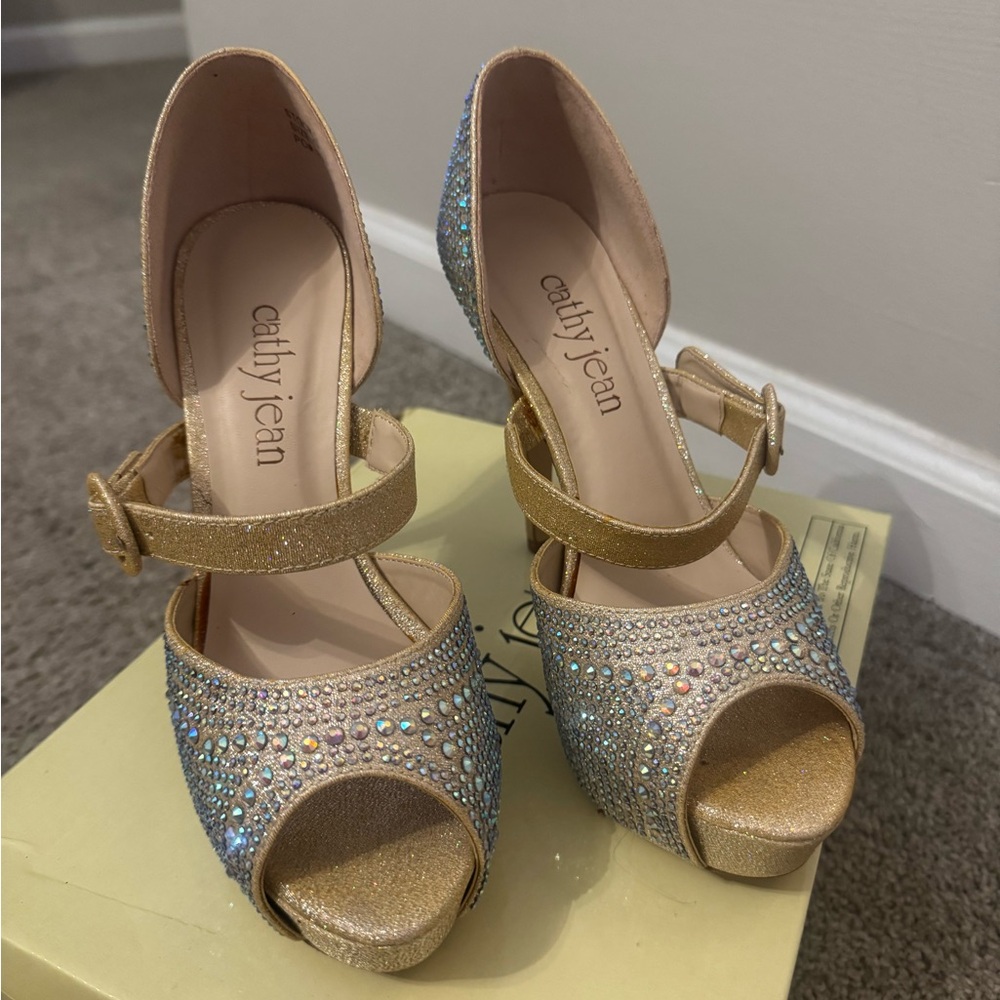 CATHY JEAN Rose Gold Rhinestones Stiletto Open Toe Platform High Heel Shoes 7